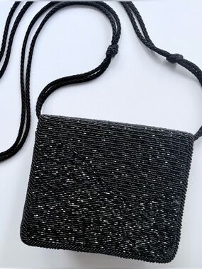 Vintage 1990s Diane Von Furstenberg Beaded Black Satin Evening Crossbody Bag